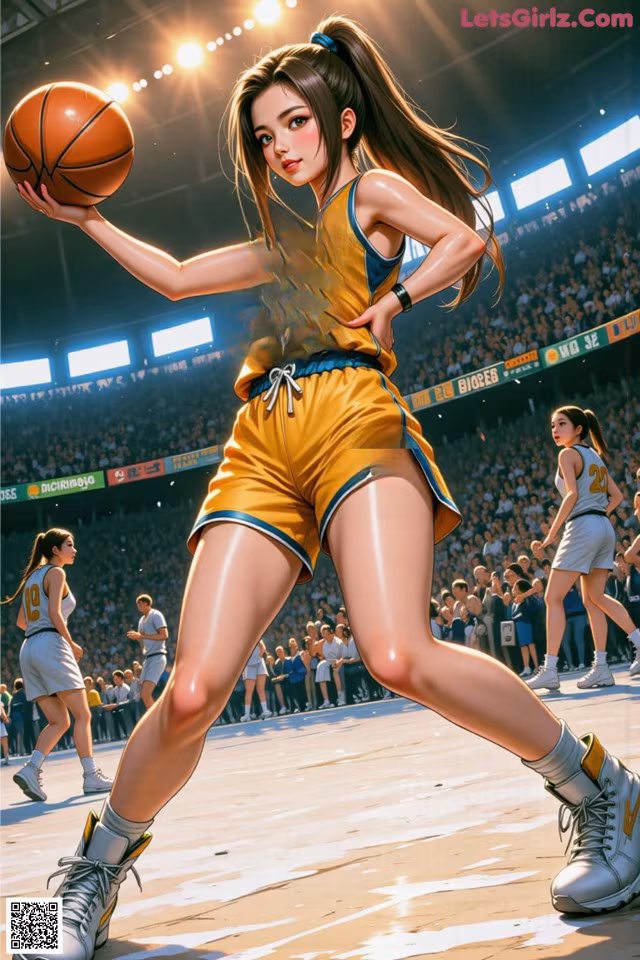 A woman in a yellow and blue uniform holding a basketball.
