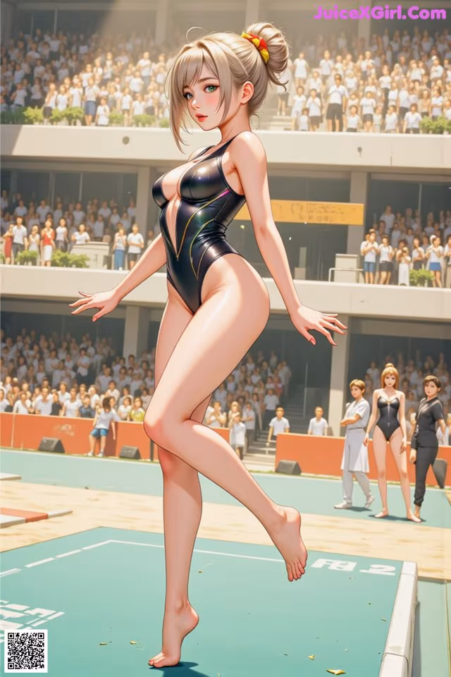 A woman in a bathing suit standing on a diving board.