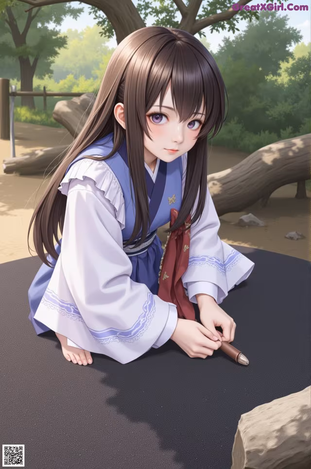 A girl in a blue and white dress sitting on a rock.