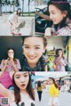 A collage of photos of a woman eating ice cream.