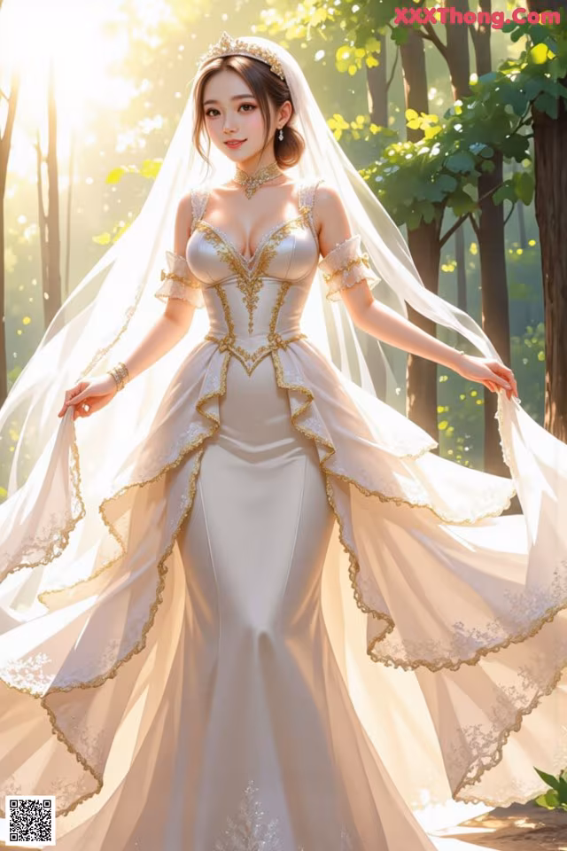 A woman in a wedding dress standing in the woods.
