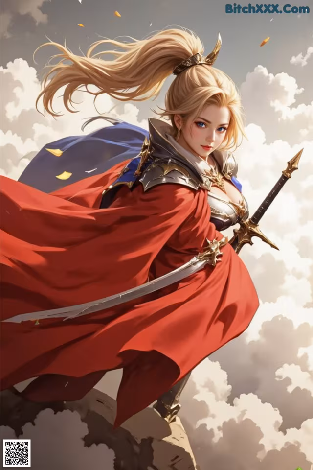 A woman in a red cape holding a sword.