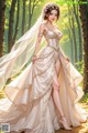 A woman in a wedding dress standing in the woods.