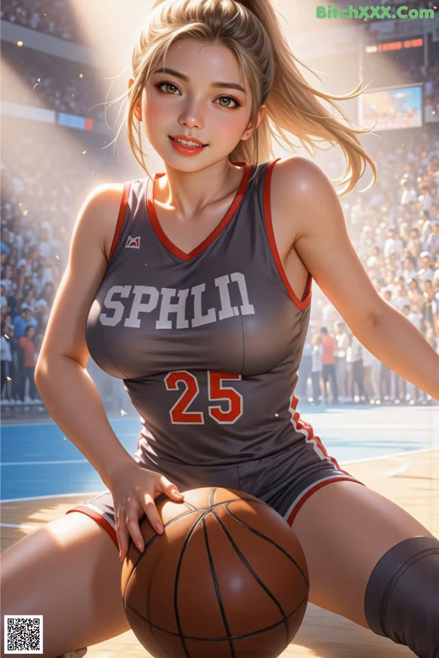 A woman in a basketball uniform holding a basketball.