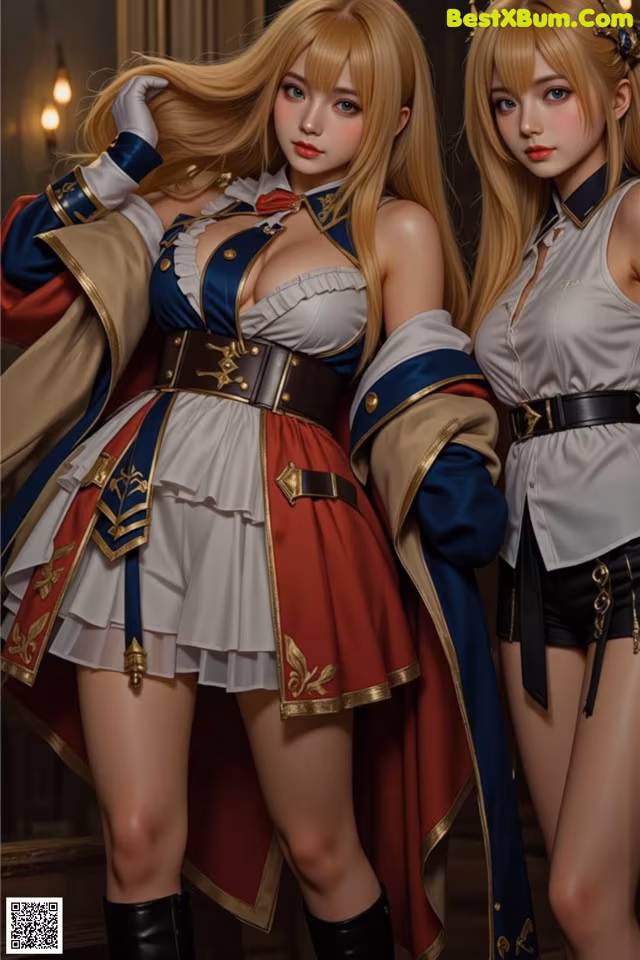 A couple of women dressed in costumes standing next to each other.