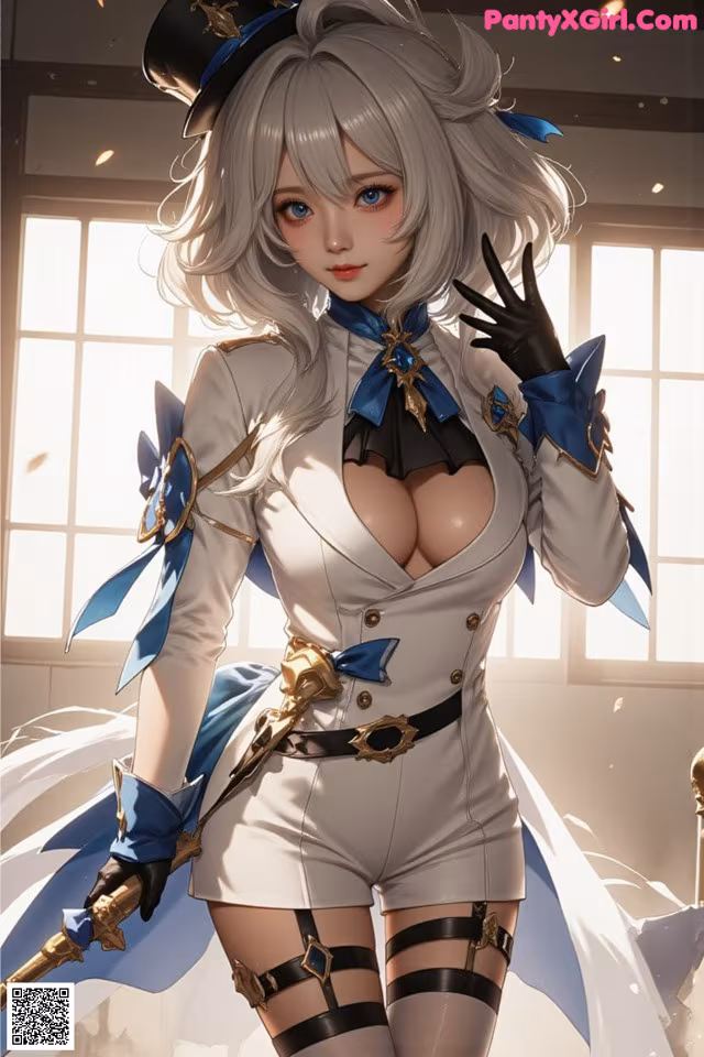 A woman in a white and blue outfit holding a sword.