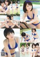 A collage of photos of a woman in a blue bikini.