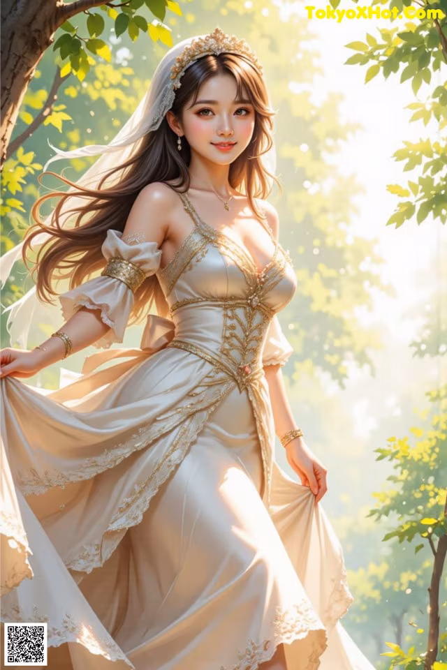 A woman in a wedding dress standing under a tree.