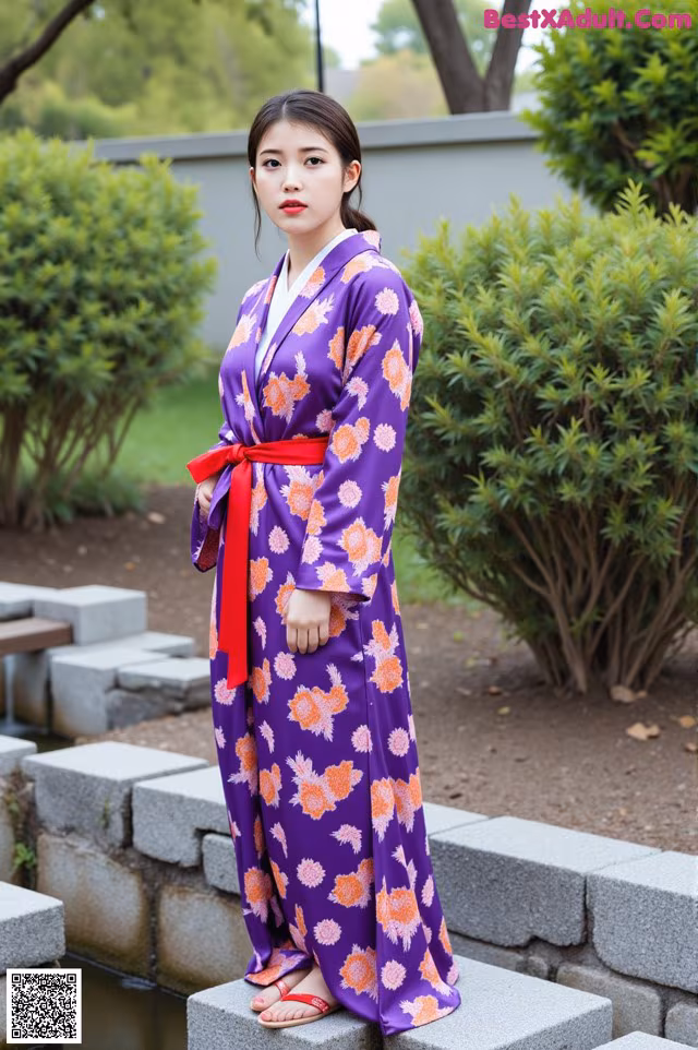 A woman in a purple kimono standing next to a pond.