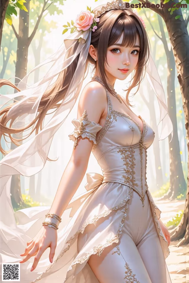 A woman in a wedding dress standing in the woods.