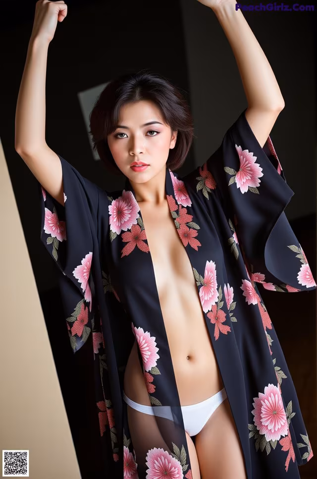 A woman in a black kimono with pink flowers on it.
