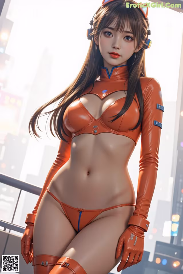 A woman in a red bikini and red gloves posing for a picture.