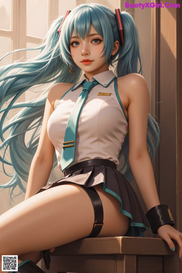 A woman with long blue hair sitting on a window sill.