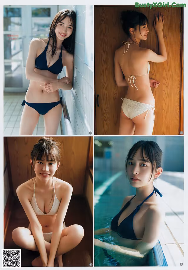 A woman in a bikini sitting in a pool.