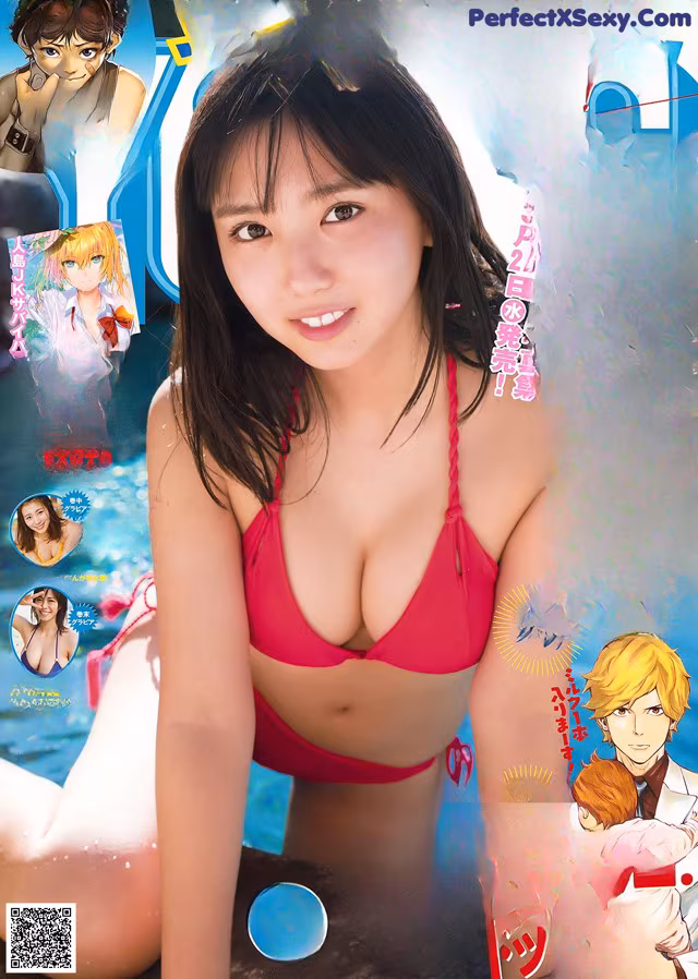 A woman in a red bikini sitting on a beach.