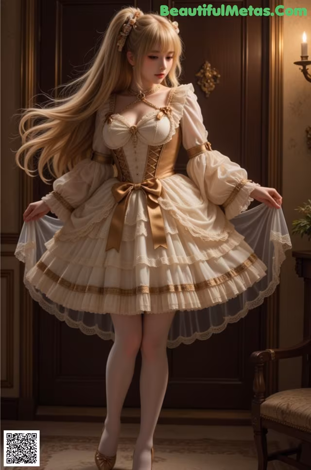 A woman in a white and gold dress is posing for a picture.