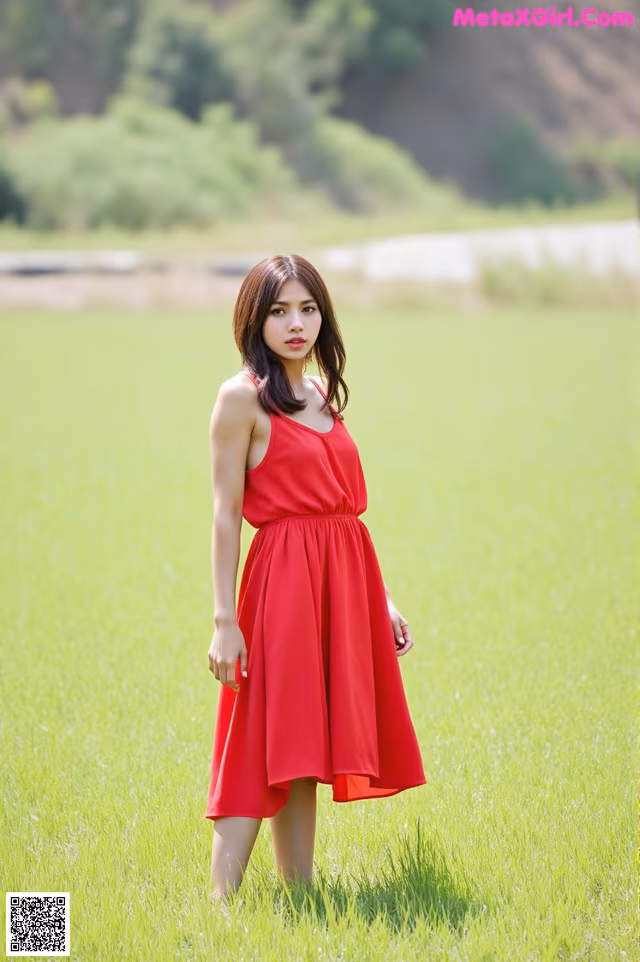 A woman in a red dress standing in a green field.