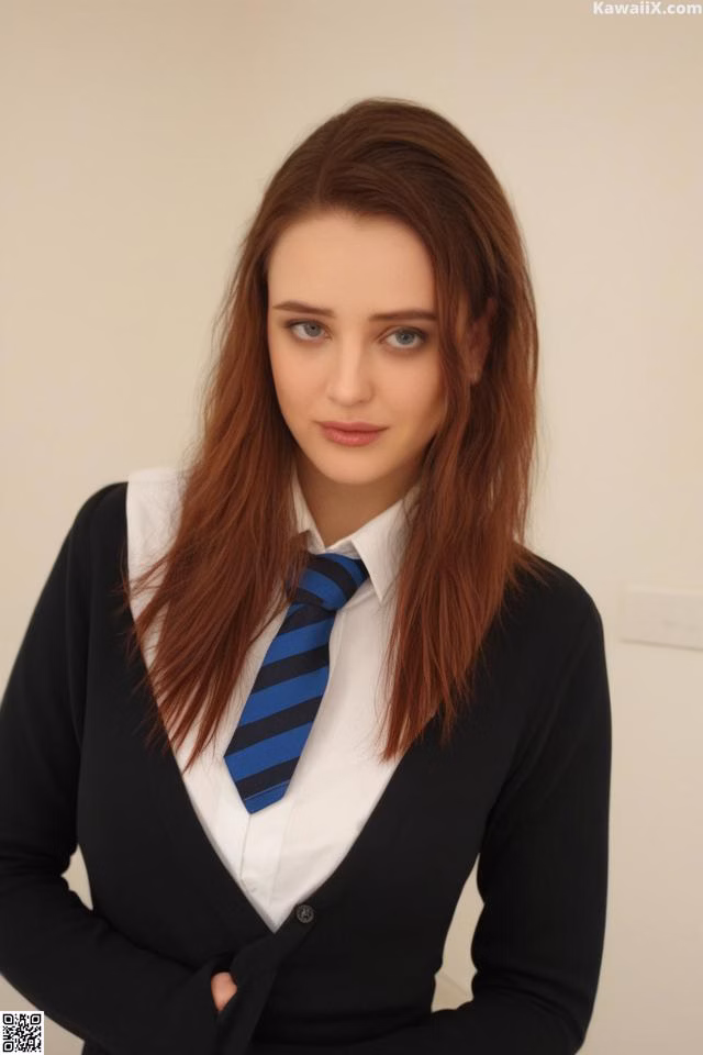 A woman in a school uniform posing for a picture.