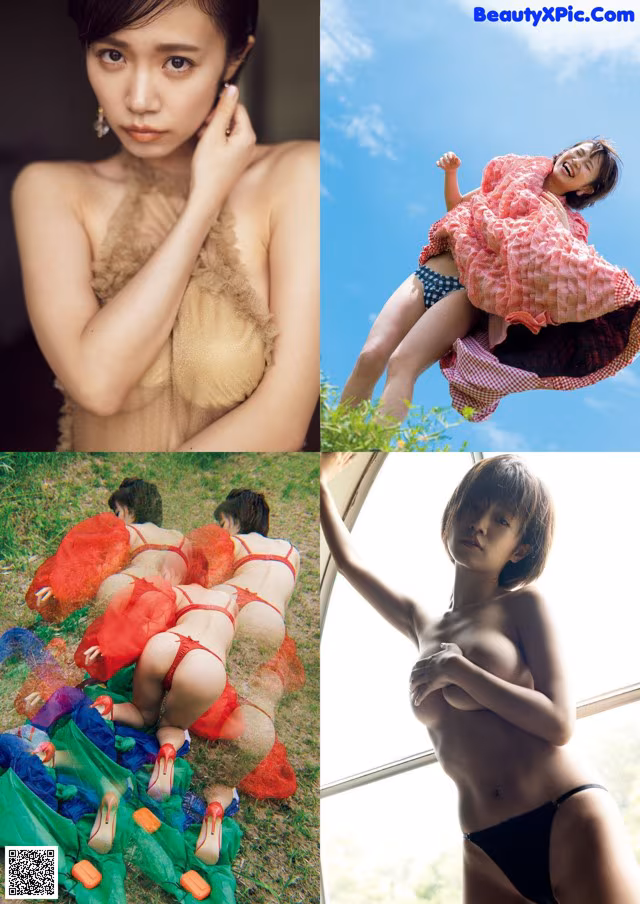 A collage of photos of a woman in lingerie and a woman laying on the ground.