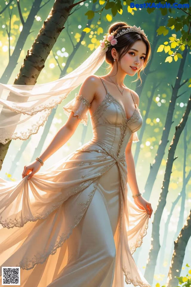A woman in a wedding dress standing in the woods.