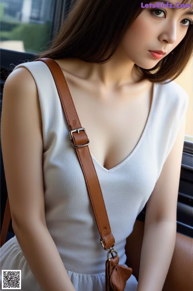 A woman in a white dress holding a brown purse.