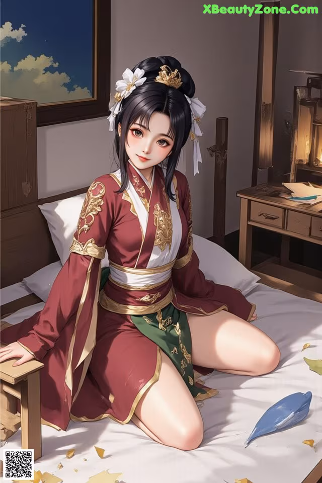 A woman in a red and green dress sitting on a bed.