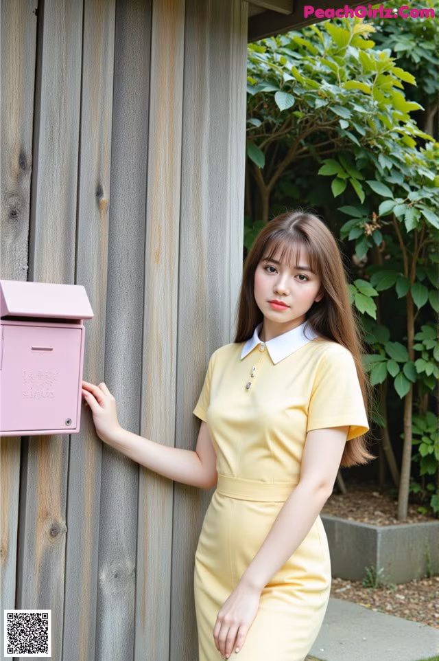 A woman in a yellow dress leaning against a wooden wall.