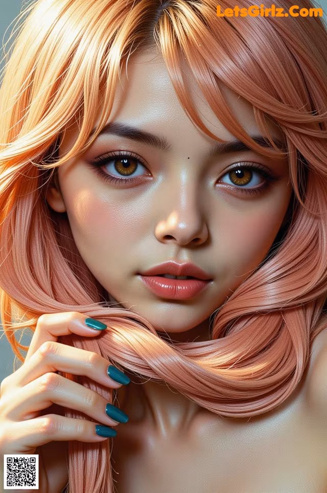 A woman with long pink hair and green nails.