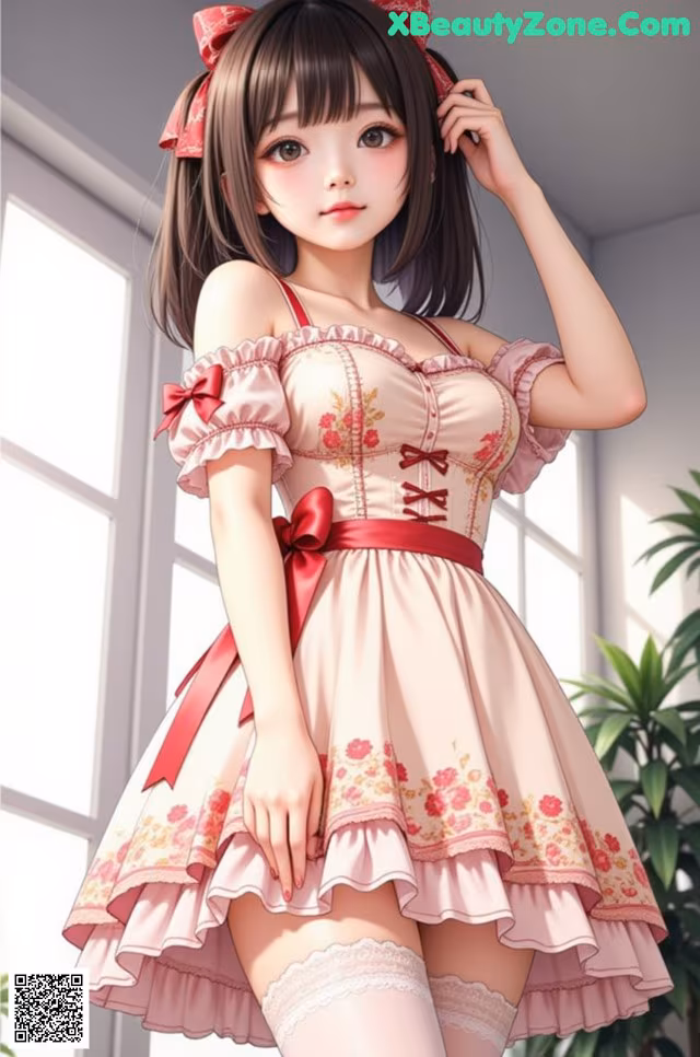 A girl in a pink dress with a red bow on her head.